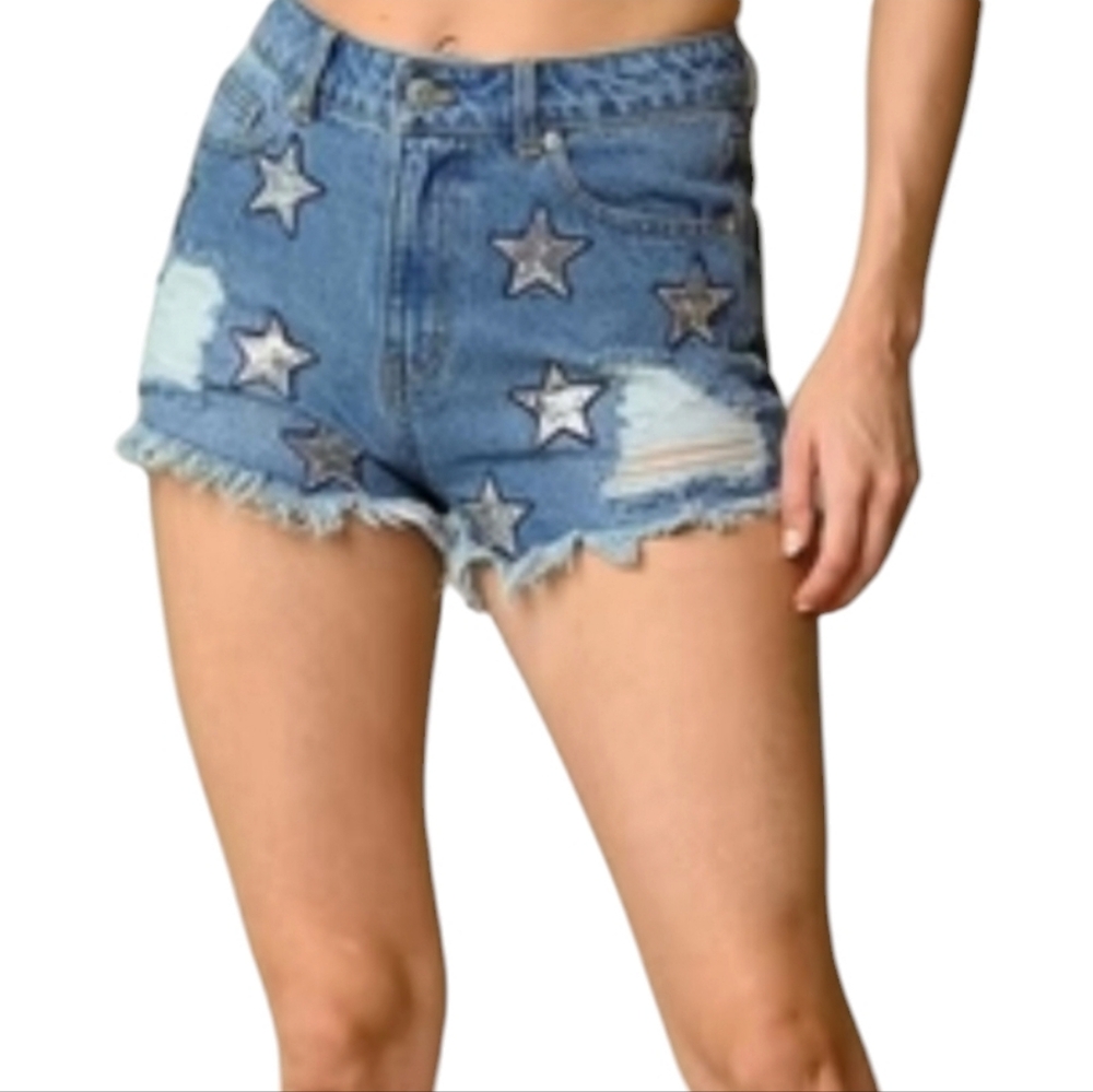 Women's Peach Love California Sequin Star Distressed Shorts Sz Med /Large